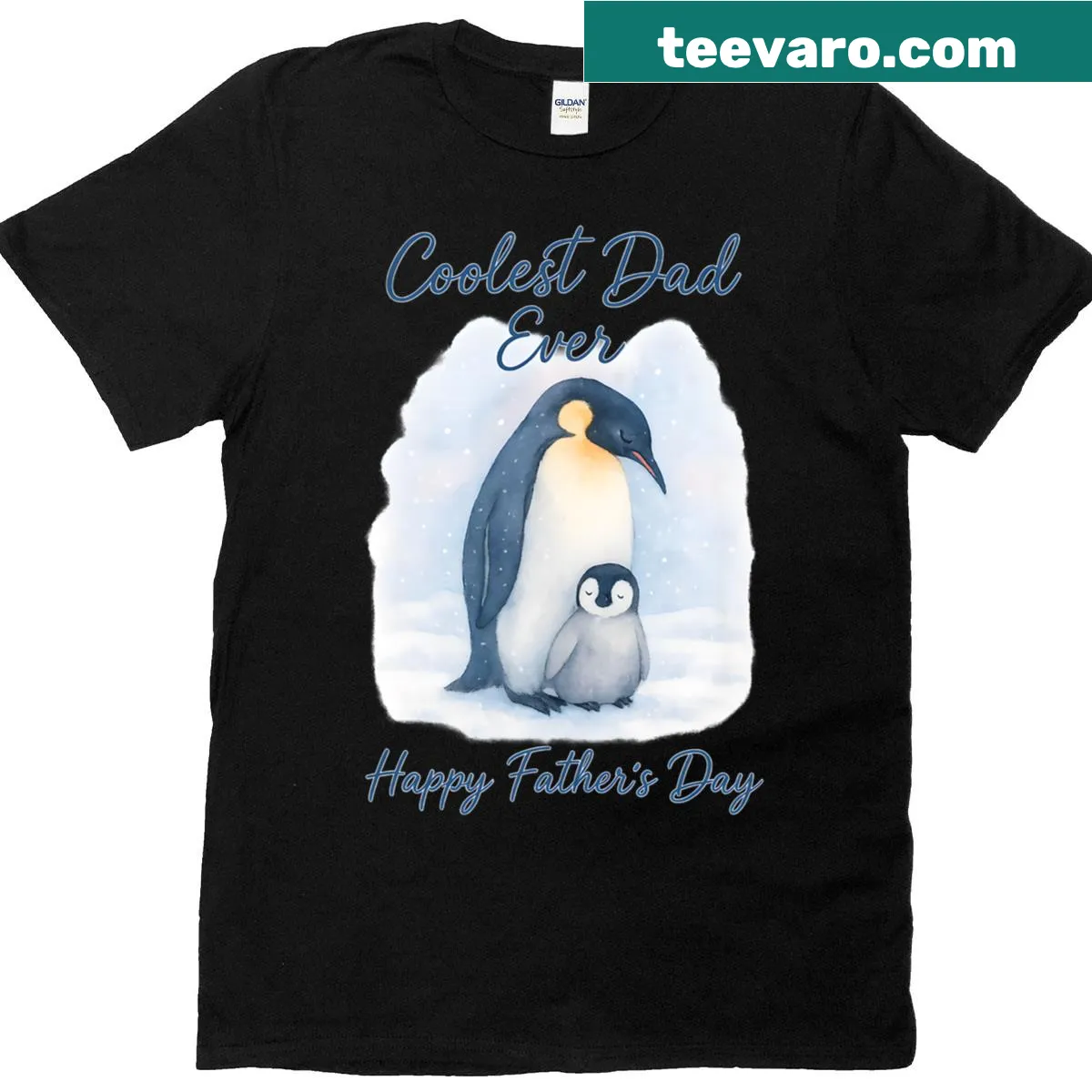 Father penguin and baby in snow on T-shirt — on a men's t-shirt