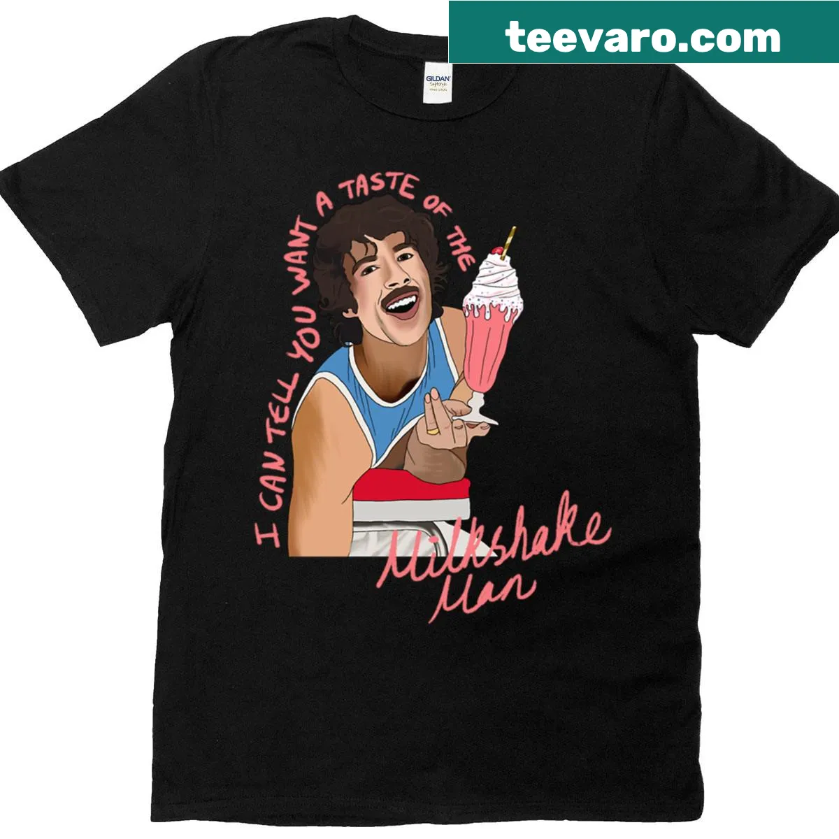 T-shirt featuring an illustration inspired by the Milkshake Man from Eurovision 2025. — on a men's t-shirt