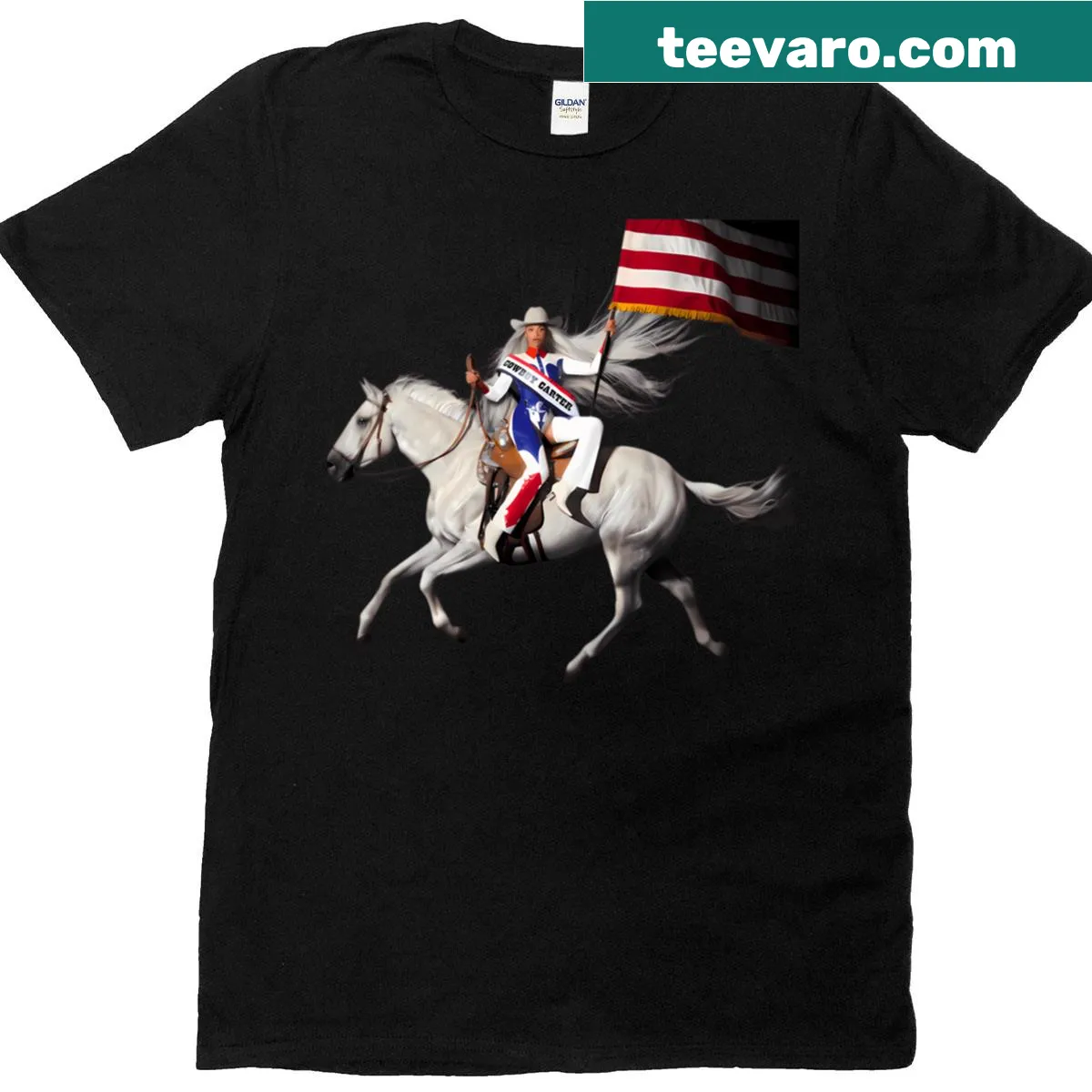 T-shirt featuring illustration of Cowboy Carter and Beyoncé — on a men's t-shirt