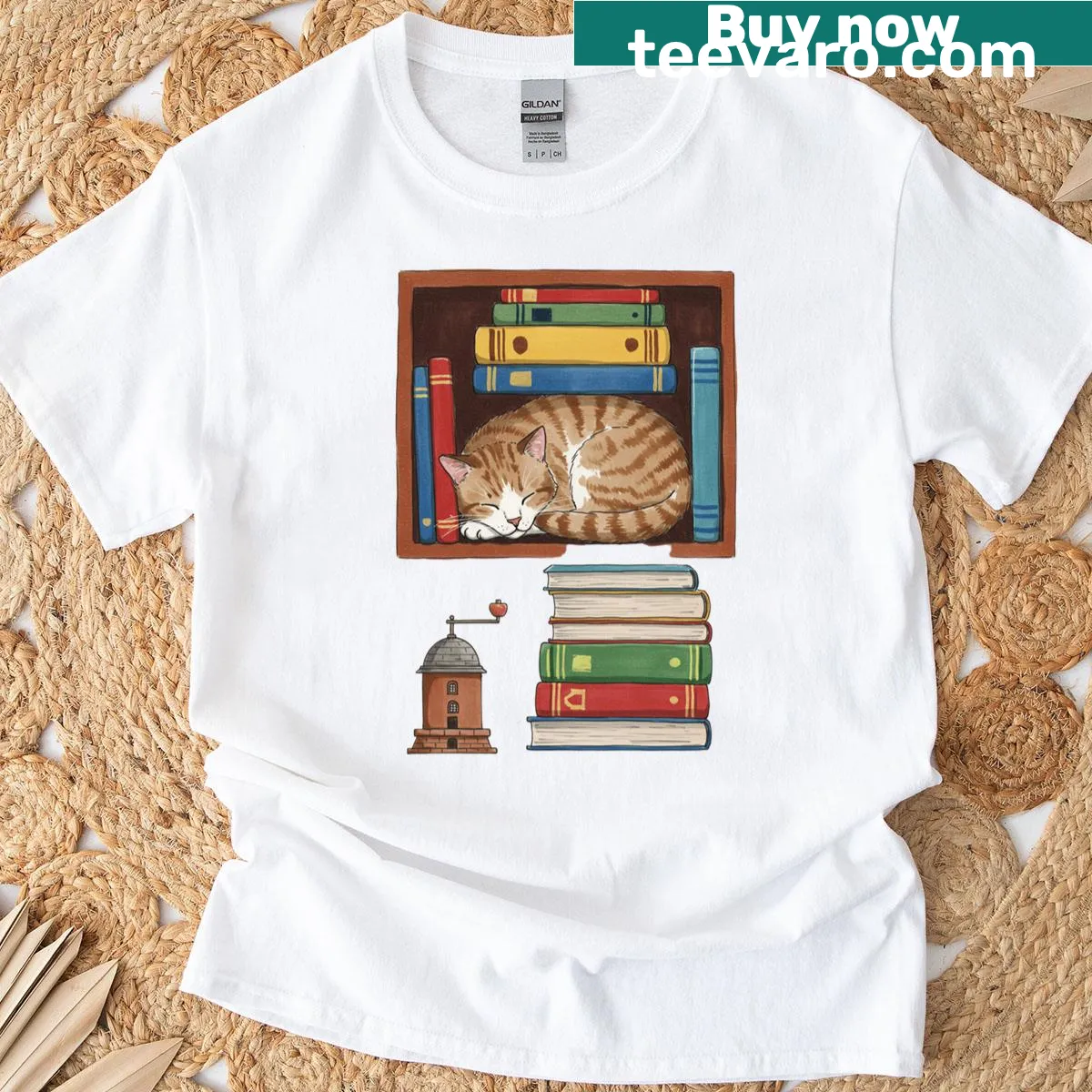 Illustration of a cat sleeping on a bookshelf on a T-shirt — on a men's t-shirt