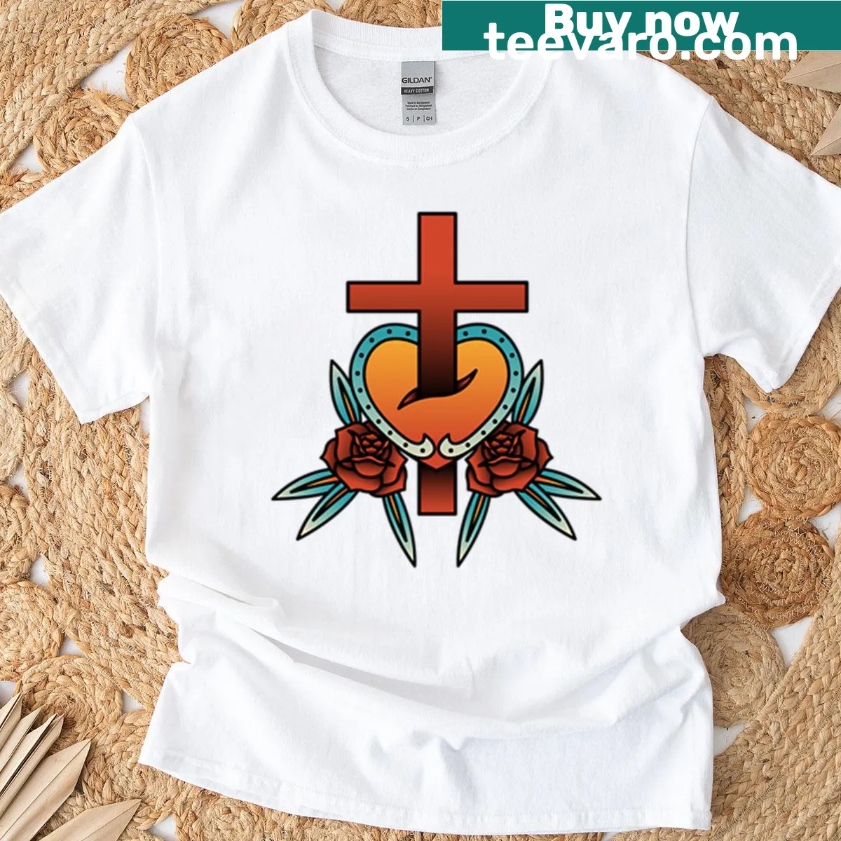 Heart crossed with roses graphic on a sentimental t-shirt — on a men's t-shirt