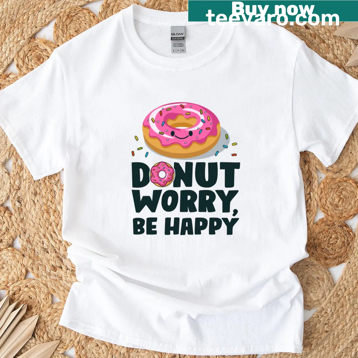 Funny T-shirt with a smiling donut and the phrase 'Donut Worry Be Happy' — on a men's t-shirt