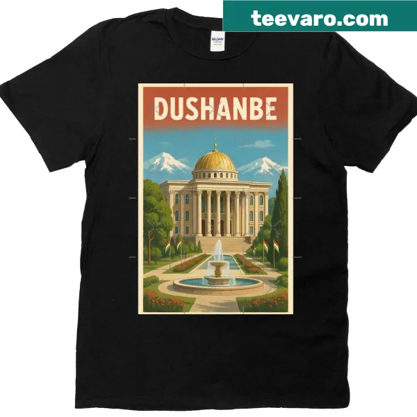 T-shirt featuring an illustration of the Dushanbe Presidential Palace and garden fountain.