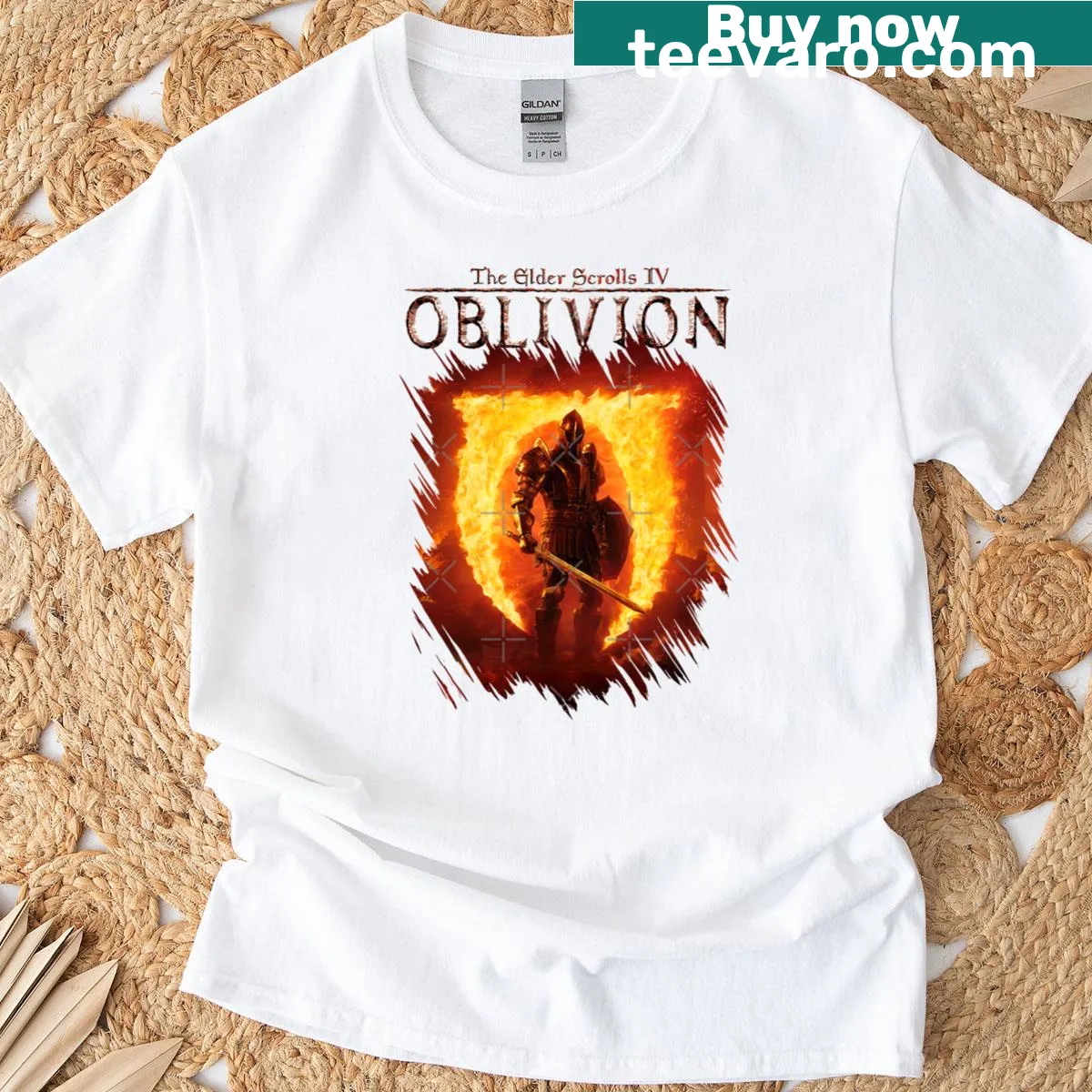 T-shirt featuring design inspired by Elder Scrolls 4 video game — on a men's t-shirt