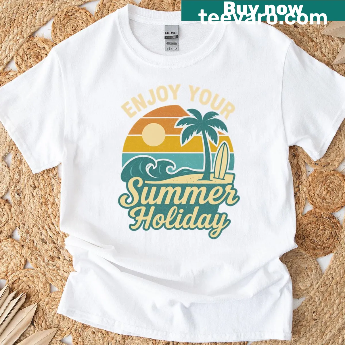 Cheerful t-shirt with Enjoy Your Summer Holiday slogan — on a men's t-shirt