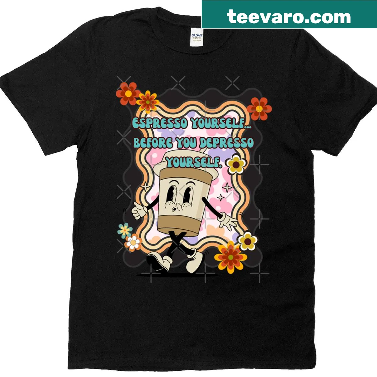 Typographic shirt with humorous coffee-related phrase — on a men's t-shirt
