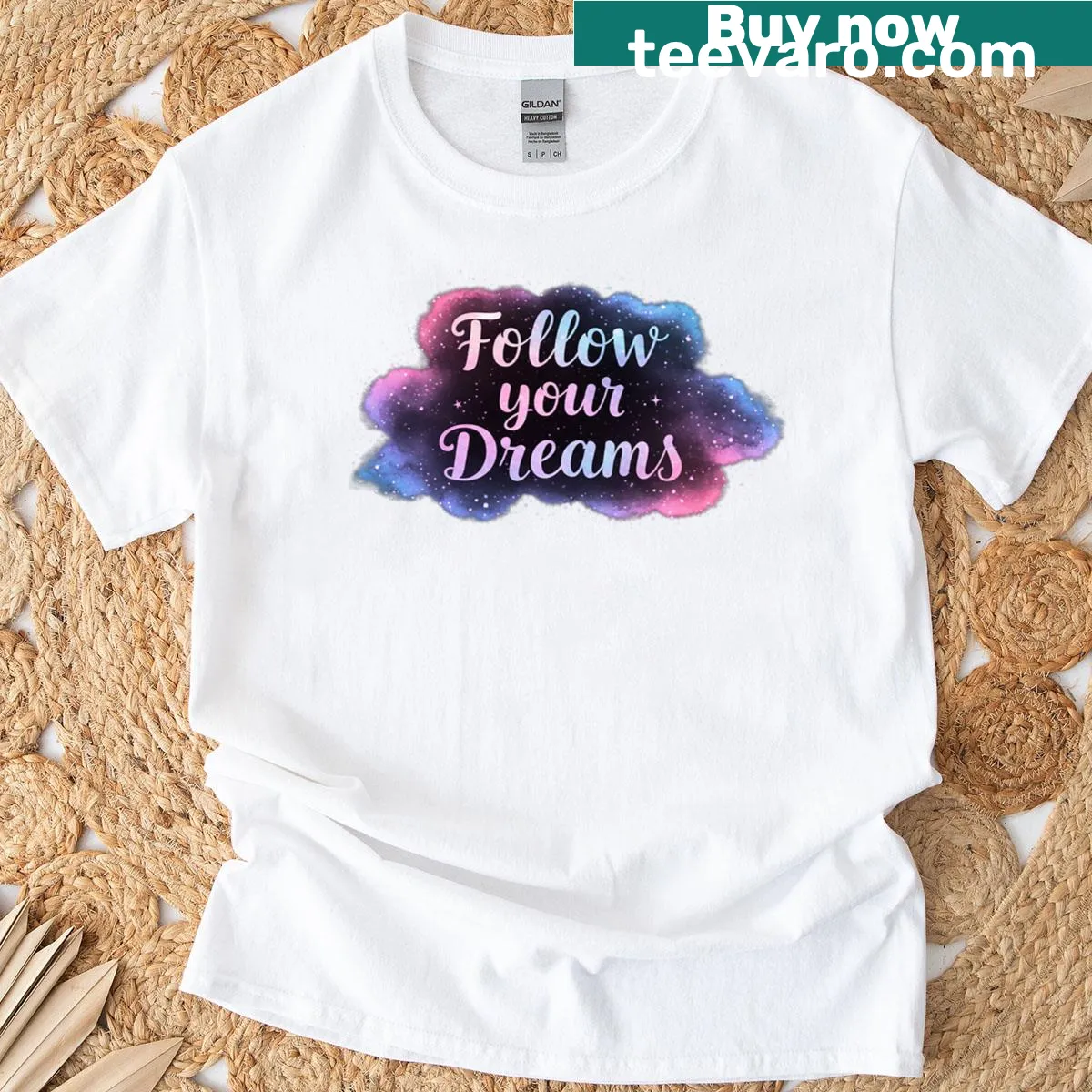 Celestial art t-shirt with stars and 'Follow Your Dreams' text — on a men's t-shirt