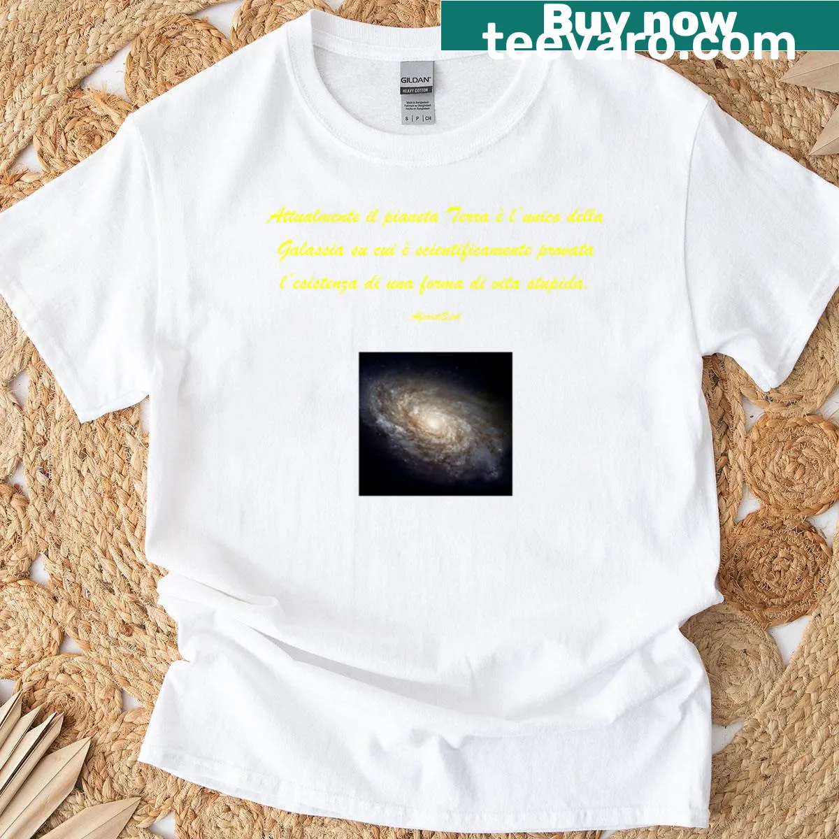 Minimalist T-shirt with striking yellow text on philosophical themes — on a men's t-shirt