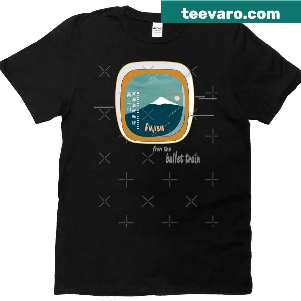 Illustrative graphic of Mount Fuji from a bullet train on a t-shirt
