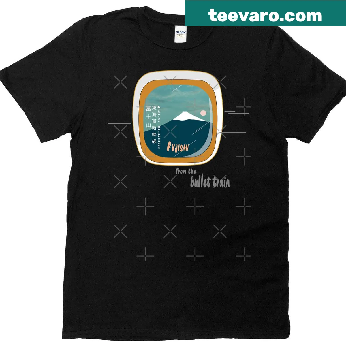 Illustrative graphic of Mount Fuji from a bullet train on a t-shirt — on a men's t-shirt
