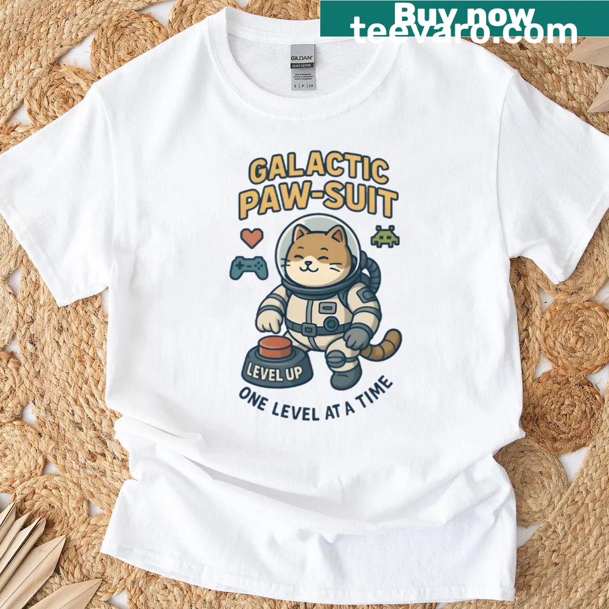 T-shirt featuring a cat in an astronaut suit with space elements — on a men's t-shirt