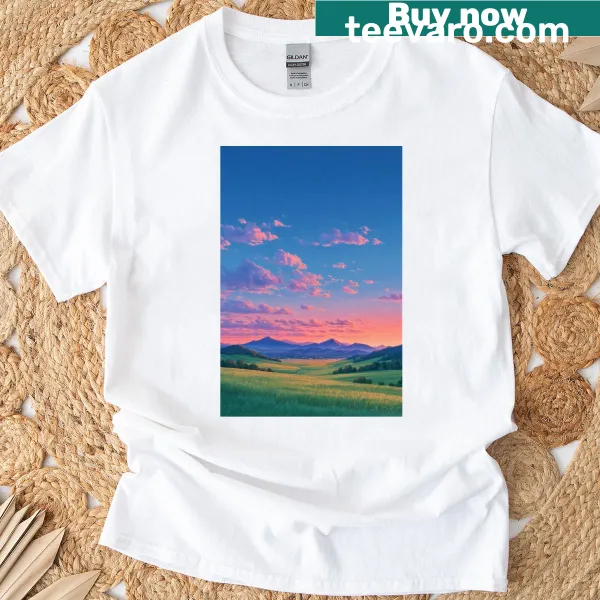 Illustrative T-shirt featuring a golden valley landscape at dusk