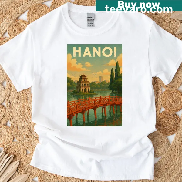 Oversized T-shirt depicting Hanoi's Hoan Kiem Lake and Red Bridge