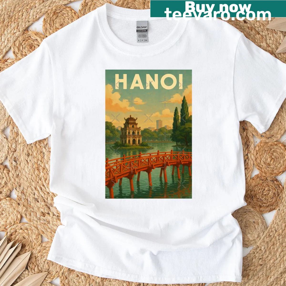 Oversized T-shirt depicting Hanoi's Hoan Kiem Lake and Red Bridge — on a men's t-shirt