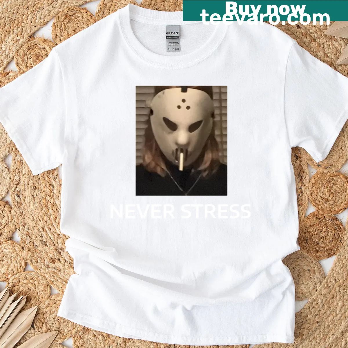 T-shirt featuring a classic hockey mask graphic — on a men's t-shirt