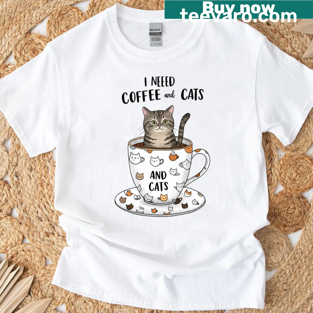 Cute tabby cat and coffee mug illustration on a T-shirt — on a men's t-shirt