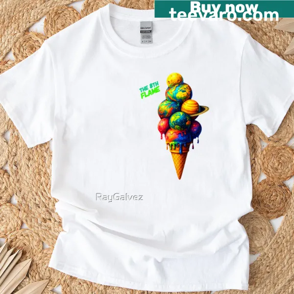 Whimsical T-shirt featuring planets designed as ice cream scoops
