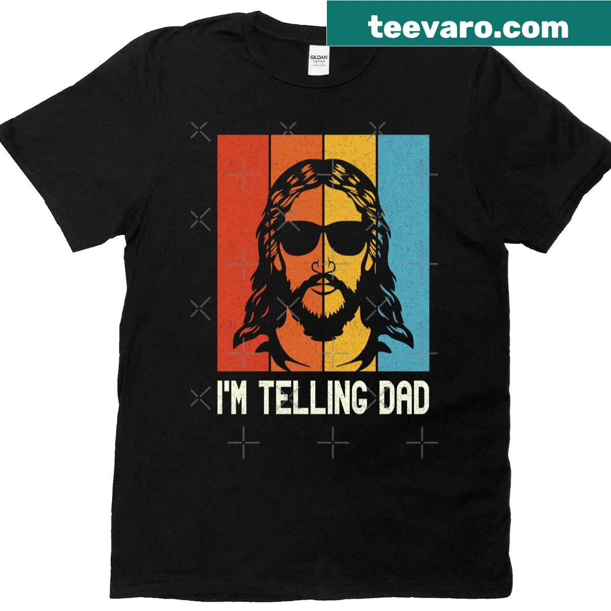 Funny oversized t-shirt with Jesus wearing sunglasses and humorous text — on a men's t-shirt