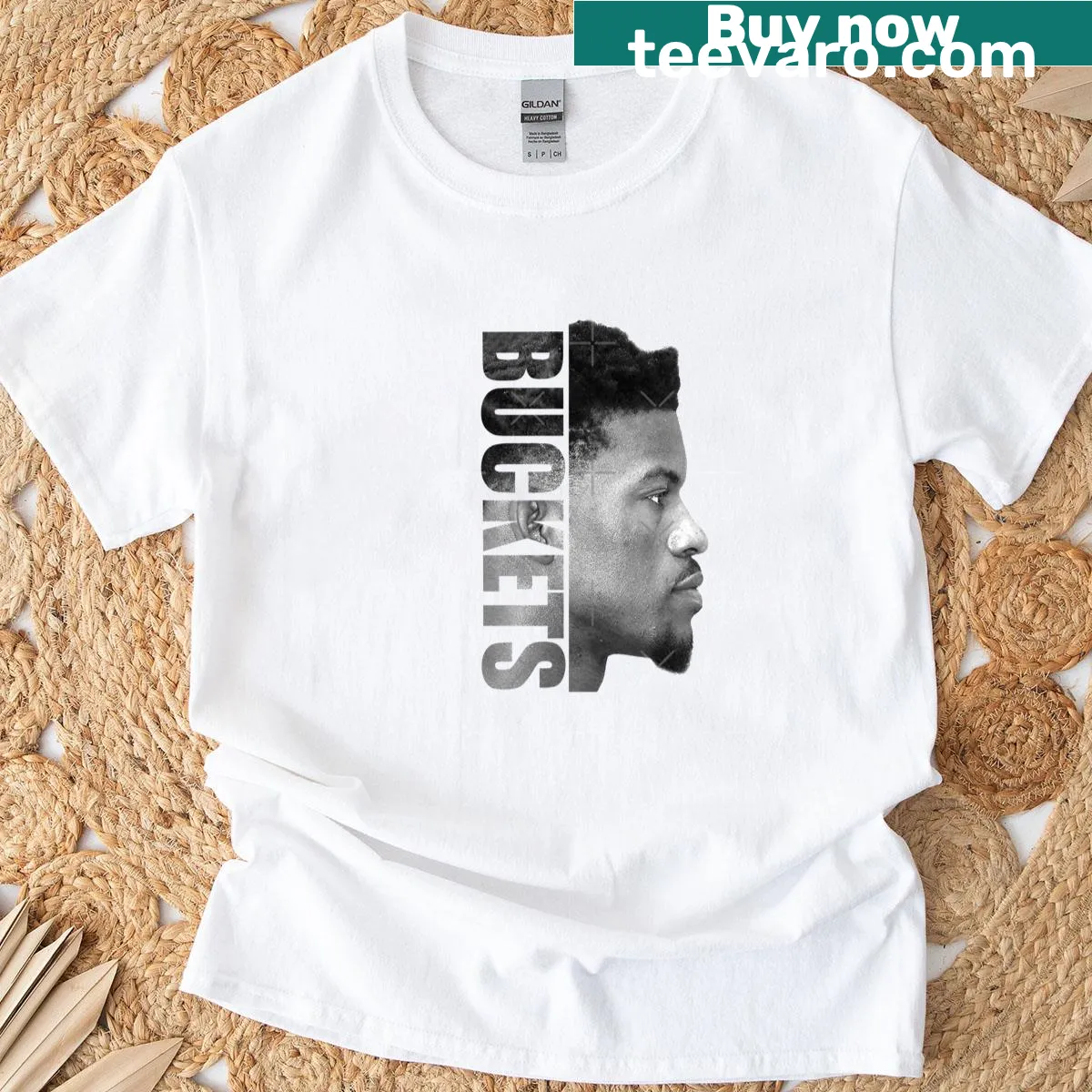 T-shirt featuring Jimmy Butler's name in bold text — on a men's t-shirt