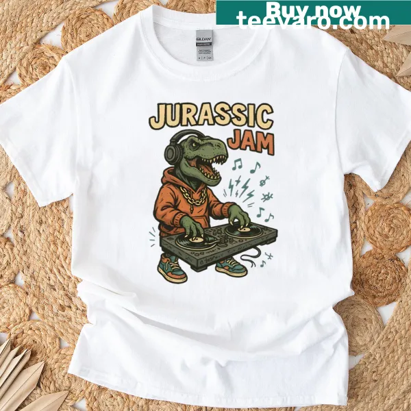 Cartoon t-shirt with a DJ T-rex design