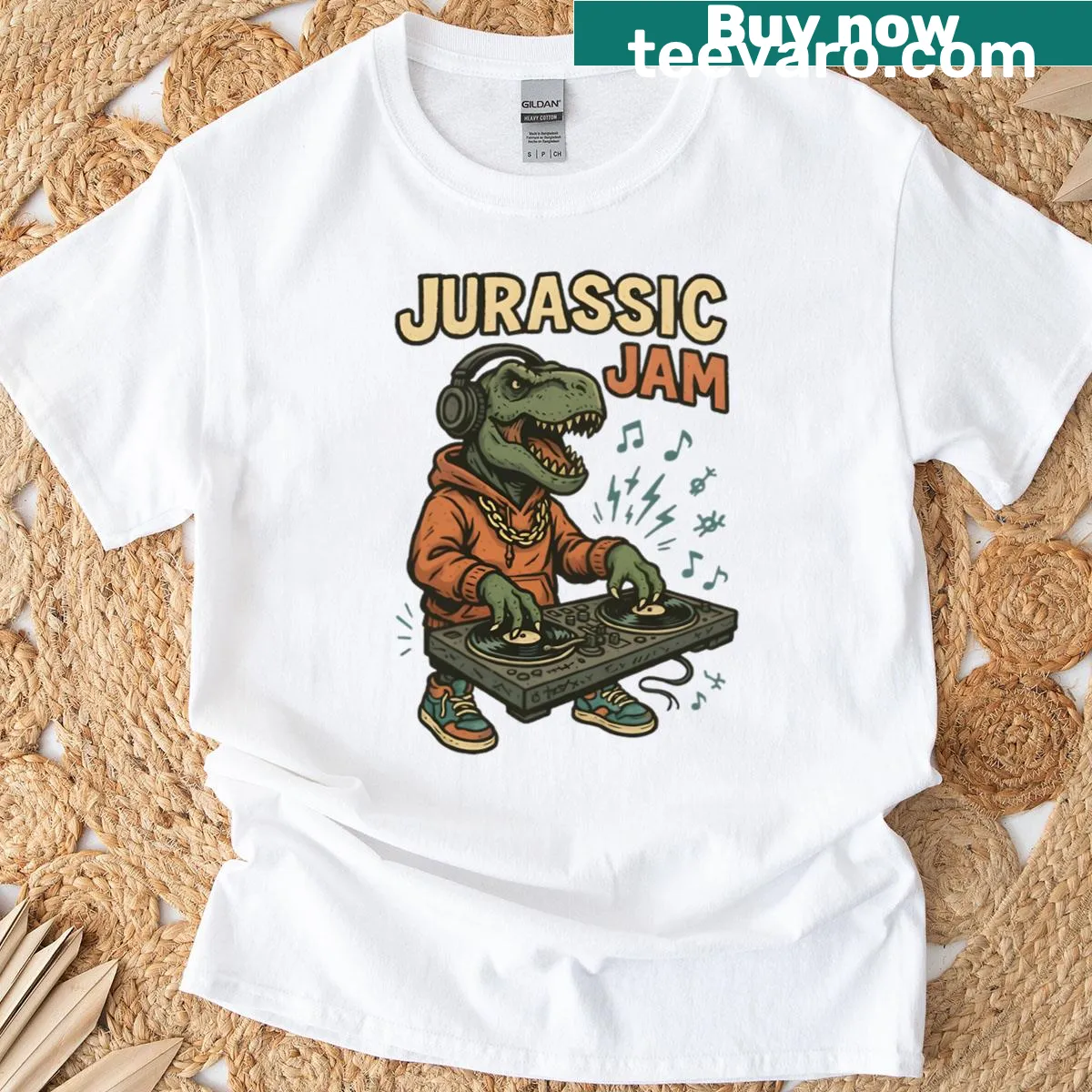 Cartoon t-shirt with a DJ T-rex design — on a men's t-shirt