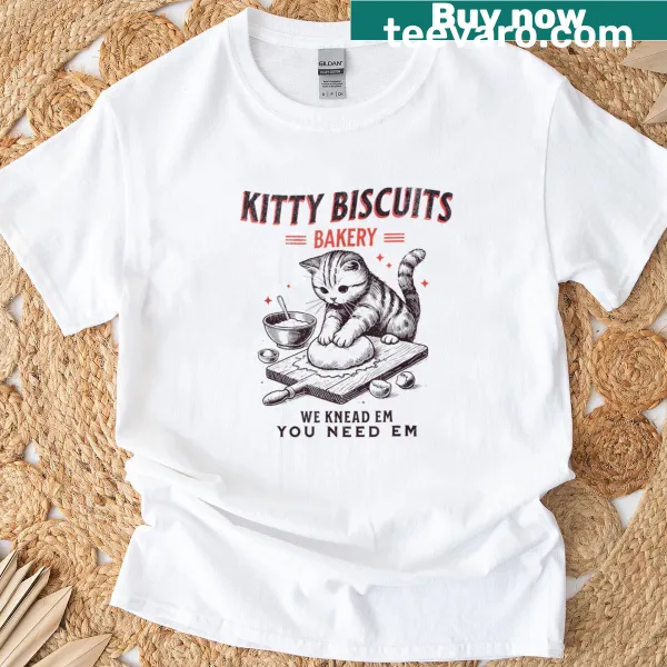 T-shirt featuring the Kitty Biscuits Bakery logo with cat imagery