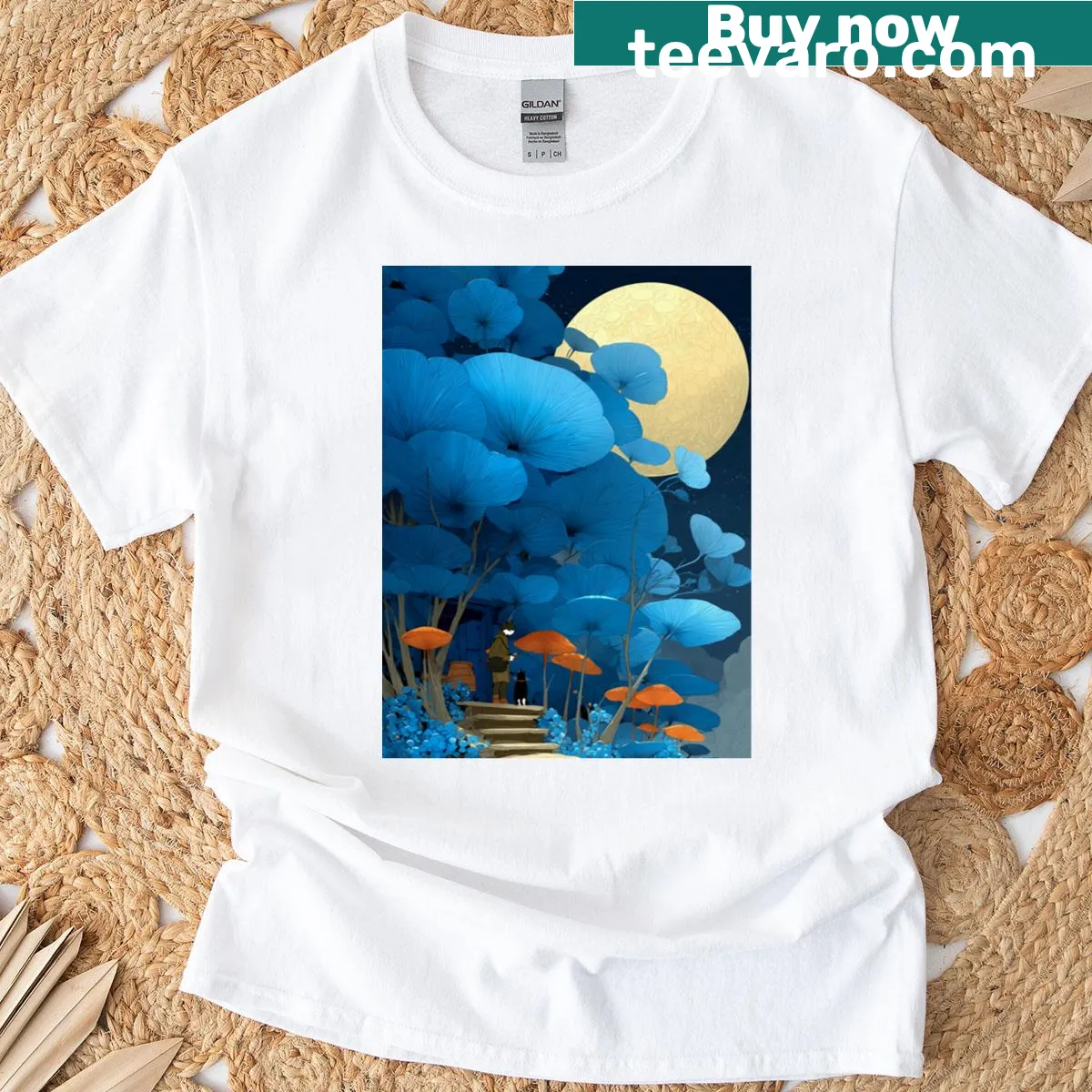 Whimsical mushroom garden under a crescent moon T-shirt — on a men's t-shirt