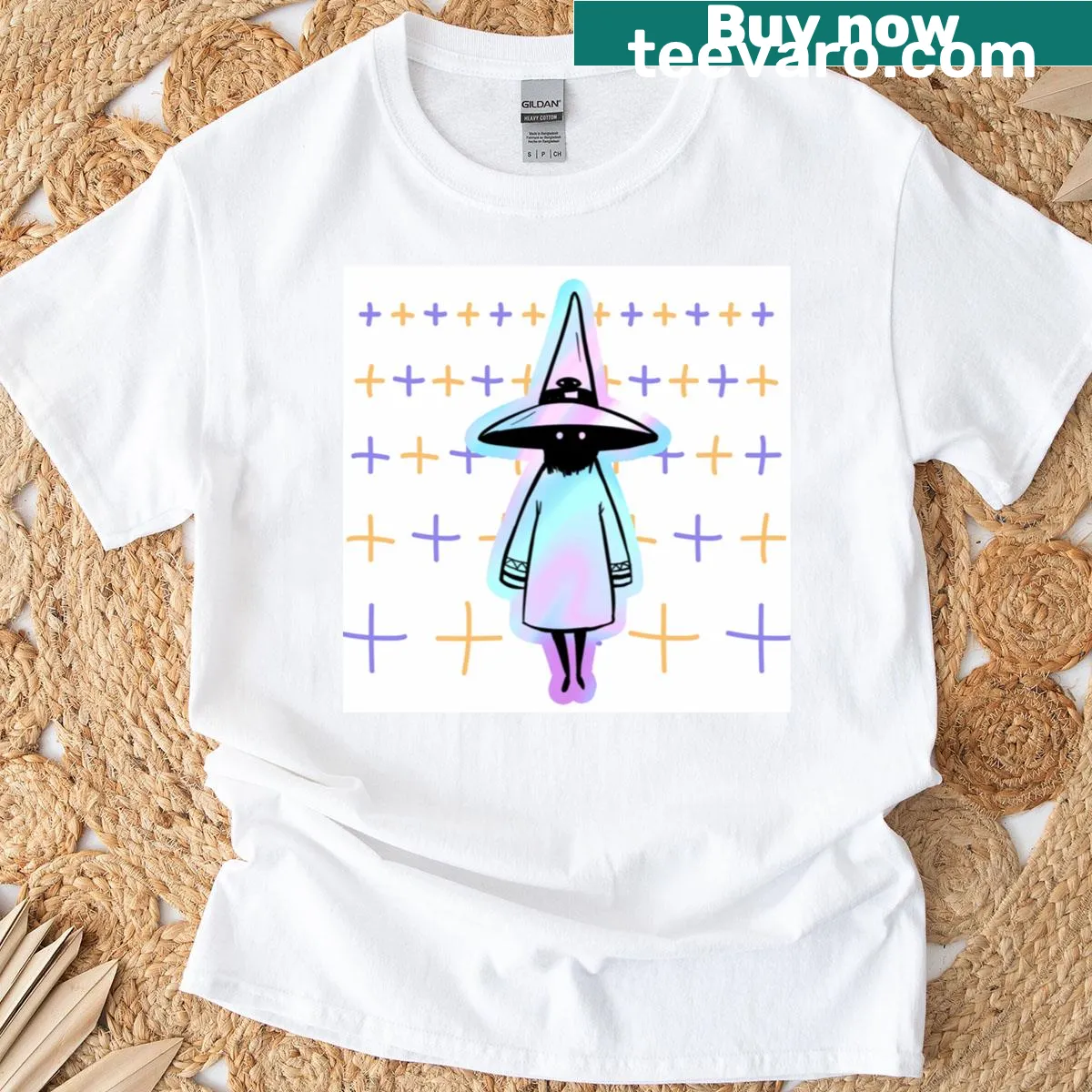 Illustration of a wizard casting spells on a T-shirt — on a men's t-shirt