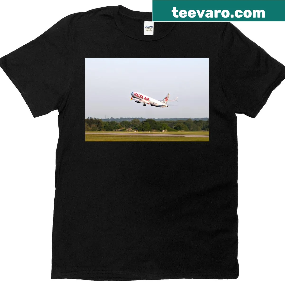 T-shirt with badge-style design celebrating the Malta Air Boeing 737 Max 8-200 — on a men's t-shirt