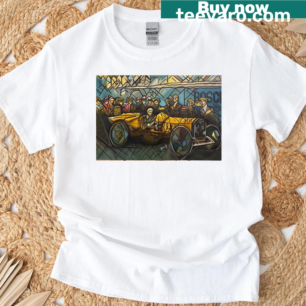 Vintage-style graphic of Marmon Wasp race car on T-shirt — on a men's t-shirt