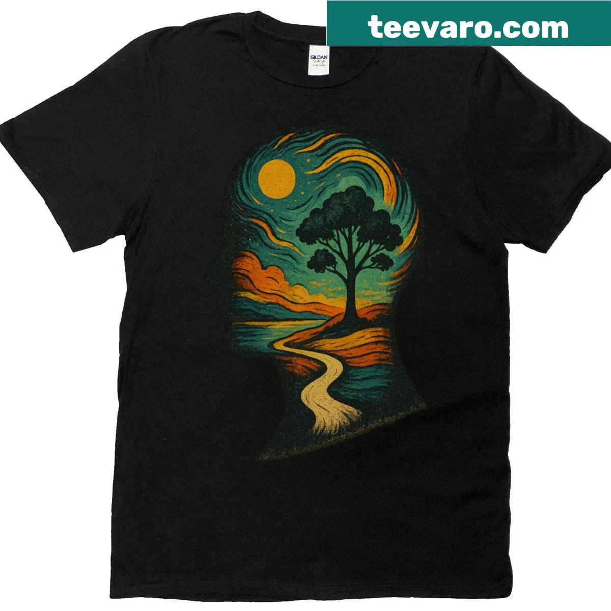 Oversized T-shirt featuring a silhouette landscape with a retro art style. — on a men's t-shirt