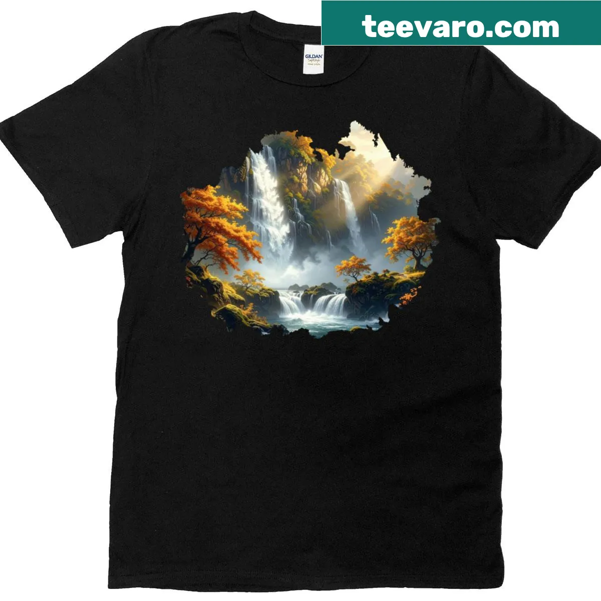 Artistic T-shirt depicting a misty cascade in an autumn forest — on a men's t-shirt