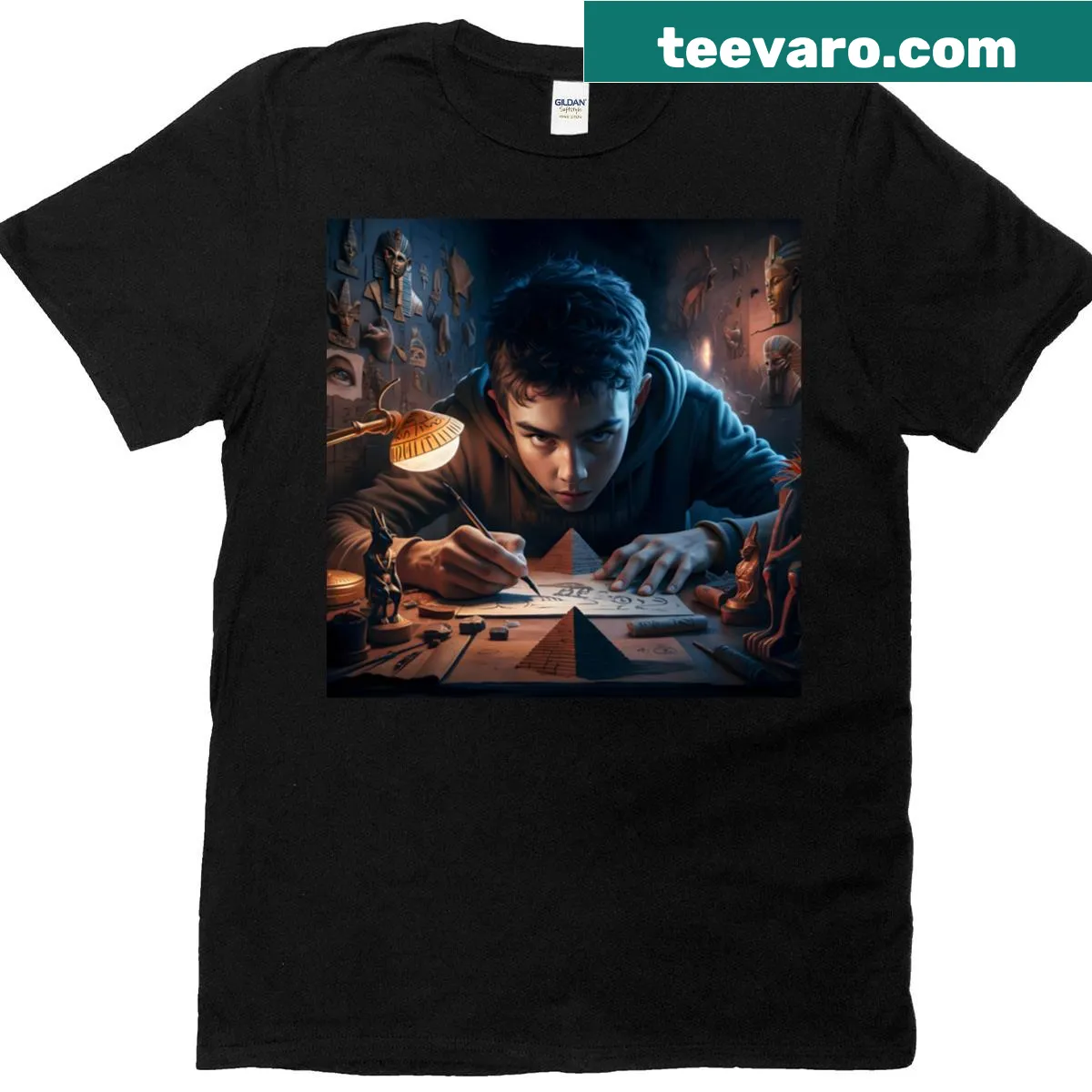 Premium T-shirt featuring a mystic teen illuminated by a golden glow — on a men's t-shirt