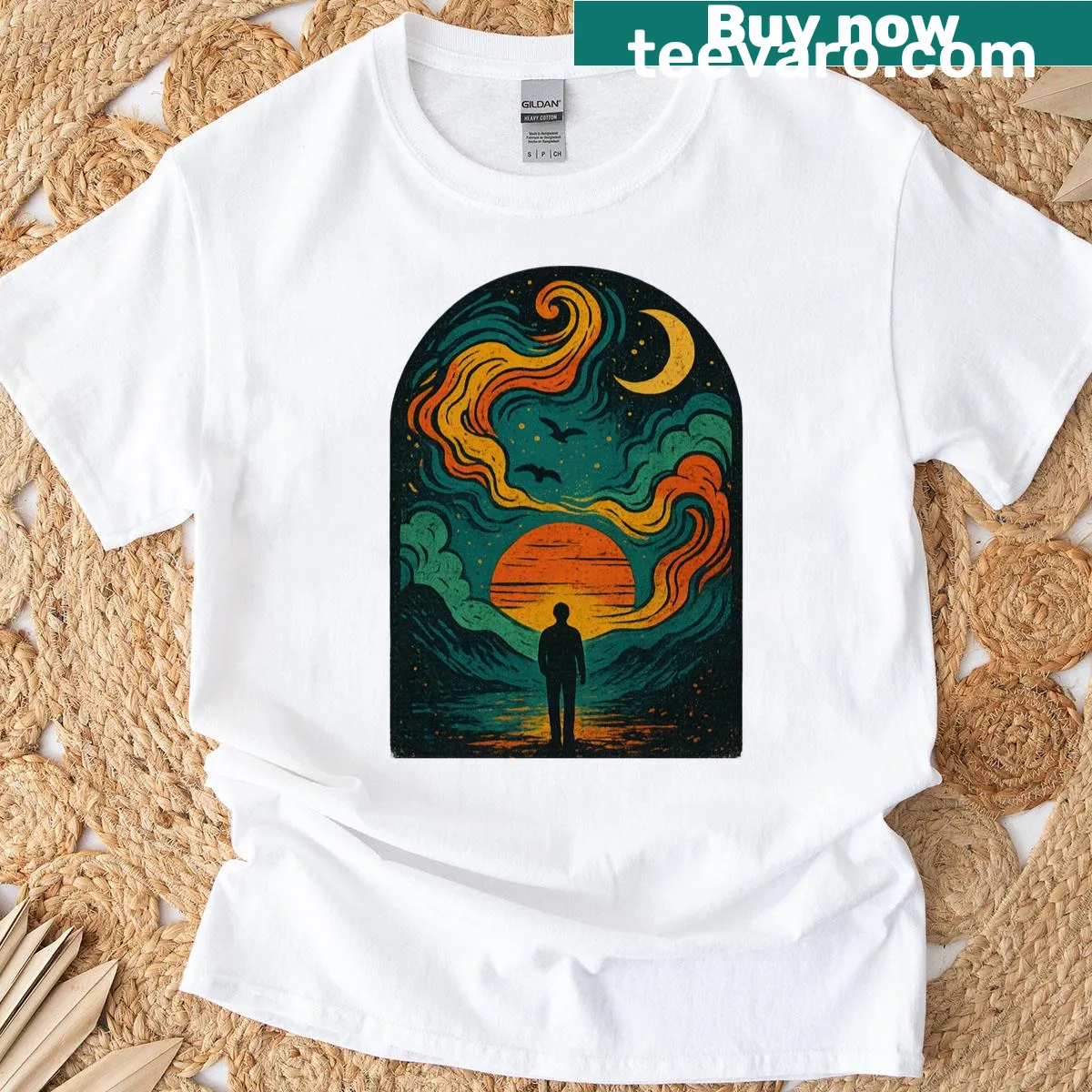 Surreal landscape with mystical sunset illustration on T-shirt — on a men's t-shirt