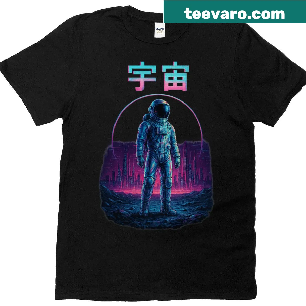Holographic graphic t-shirt with a neon frontier theme — on a men's t-shirt
