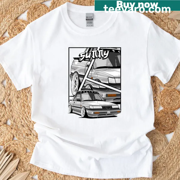 Cartoon T-shirt featuring Nissan Sunny B12 Coupe design
