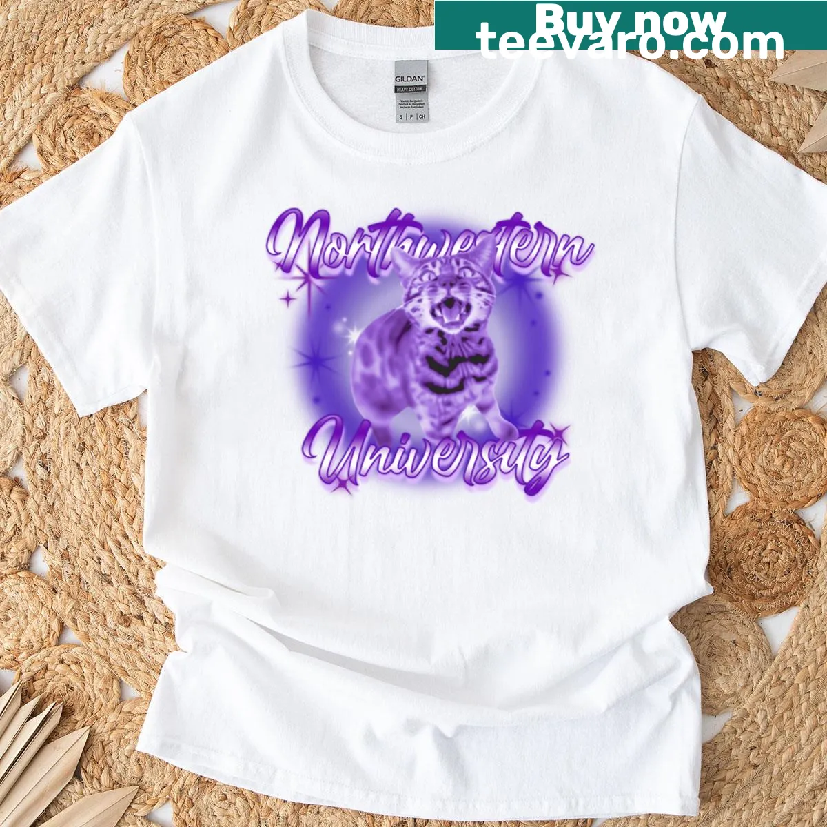 Northwestern University Wildcat T-shirt with airbrush design — on a men's t-shirt