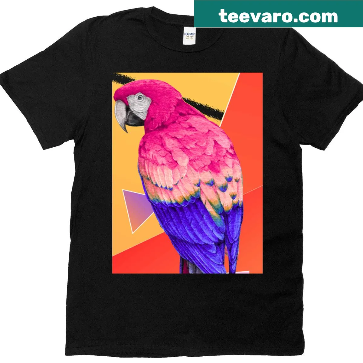 Colorful T-shirt with a parrot design in orange hues — on a men's t-shirt