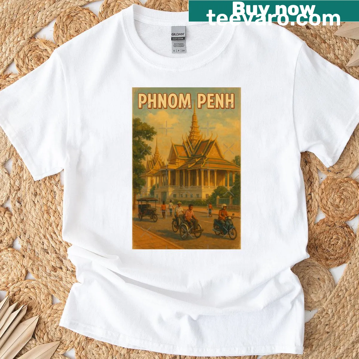 Vintage-style shirt featuring the Phnom Penh palace and street scene. — on a men's t-shirt