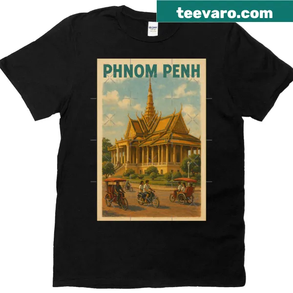 Illustration of Phnom Penh Royal Palace with tuk tuks on T-shirt