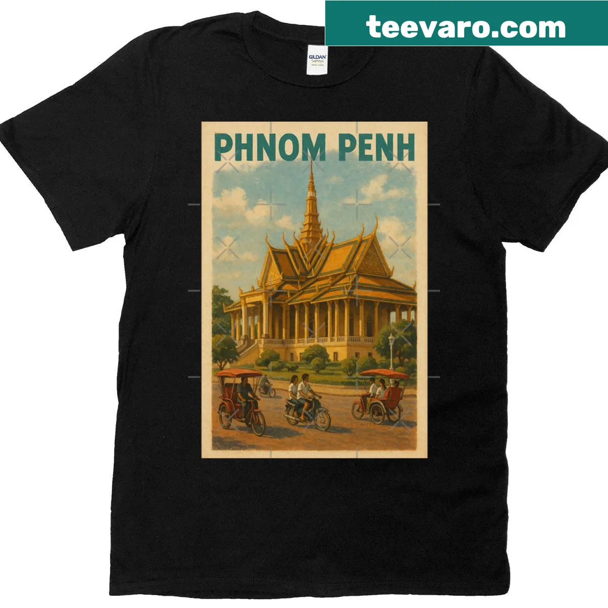 Illustration of Phnom Penh Royal Palace with tuk tuks on T-shirt — on a men's t-shirt