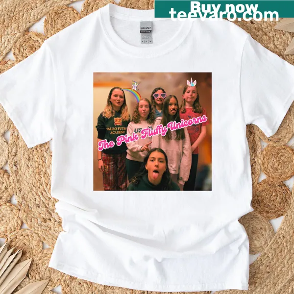 Playful T-shirt featuring cartoon pink fluffy unicorns