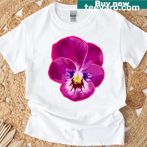 Illustration of a pink pansy flower on a T-shirt