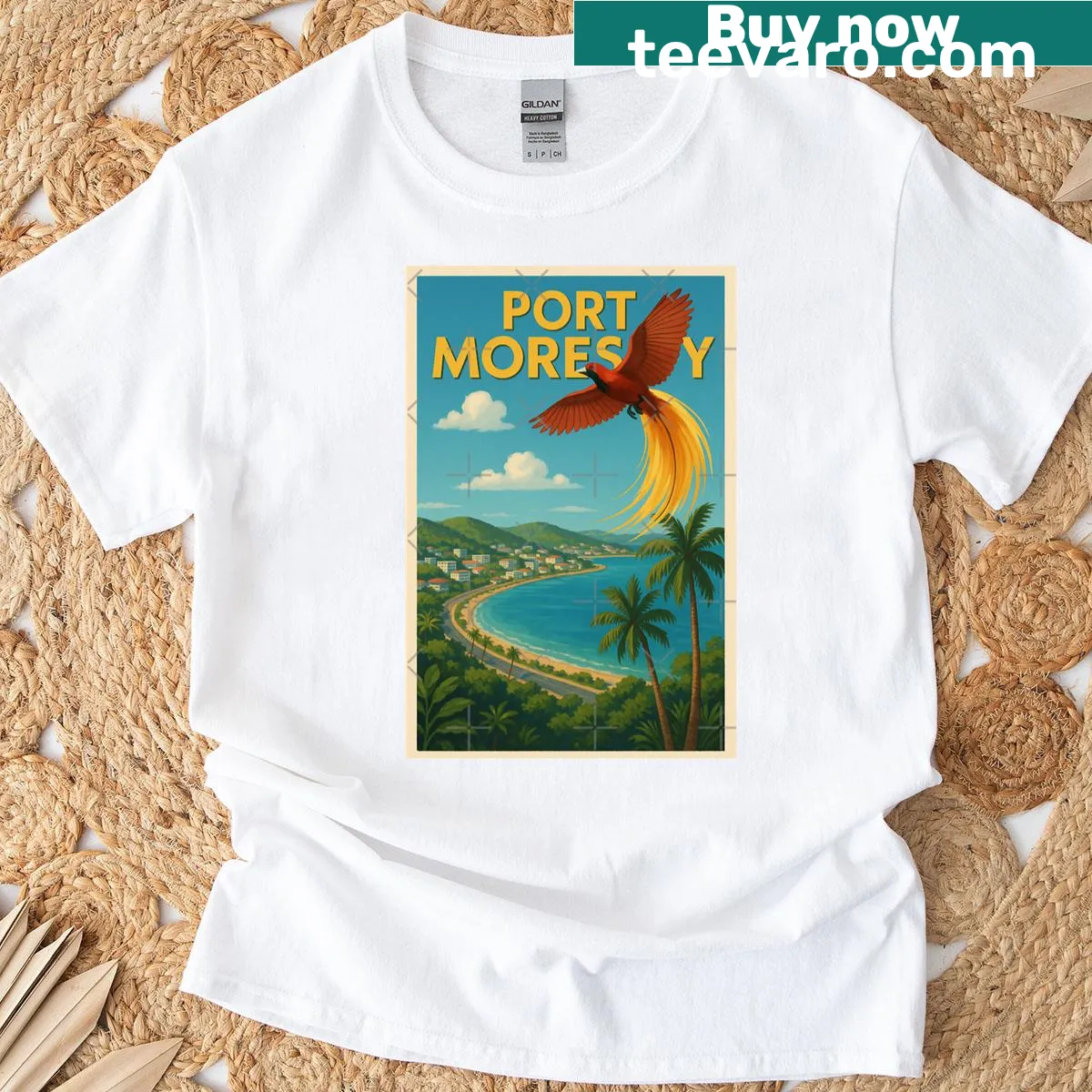 Illustrated T-shirt featuring a Bird of Paradise over a bay — on a men's t-shirt