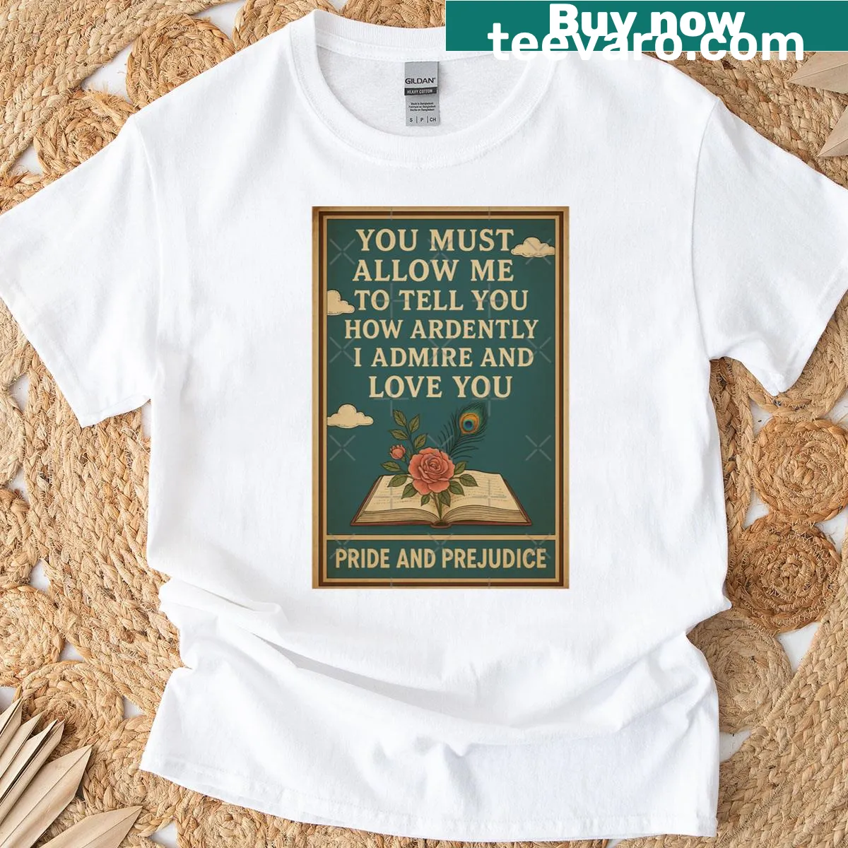 Oversized T-shirt with Pride and Prejudice quote, book, and flowers — on a men's t-shirt