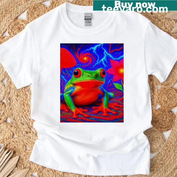 Psychedelic tree frog graphic on a T-shirt in a jungle setting