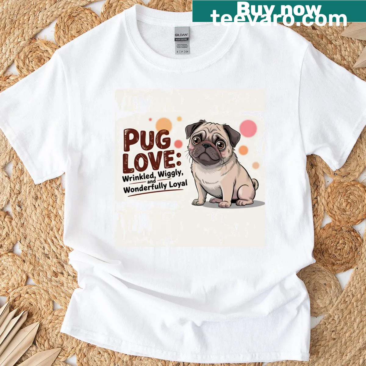 Pug-themed t-shirt celebrating wrinkled and loyal dogs. — on a men's t-shirt