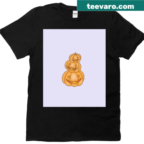 Graphic design of three pumpkins stacked as totems on a t-shirt.