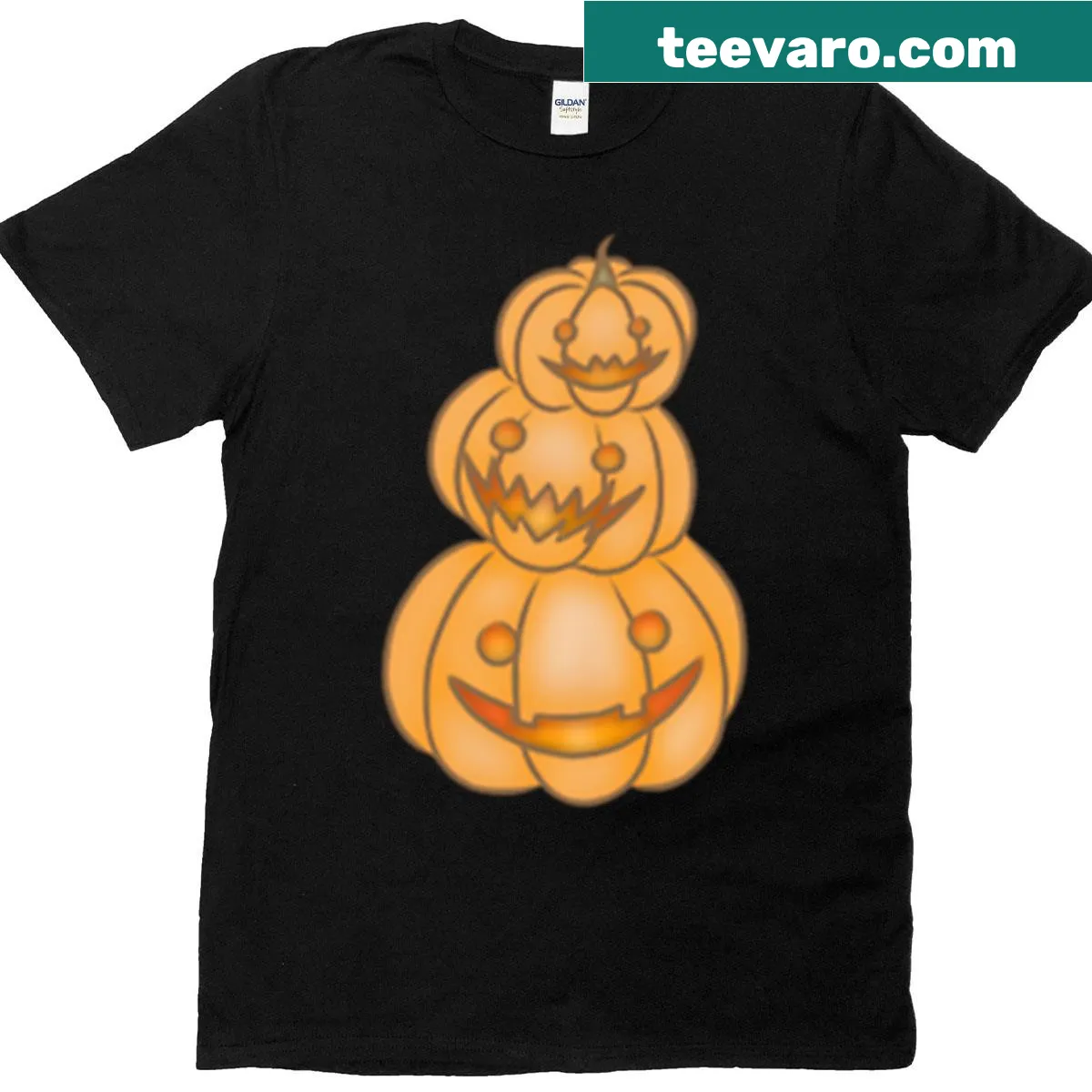 Whimsical illustration of three pumpkins stacked as totems on a t-shirt. — on a men's t-shirt