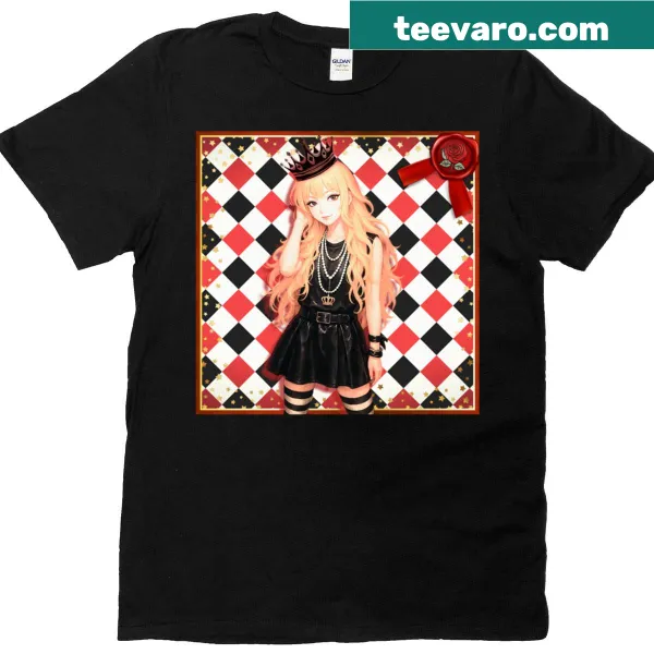 Enchanting Queen In Wonderland T-shirt featuring whimsical illustrations